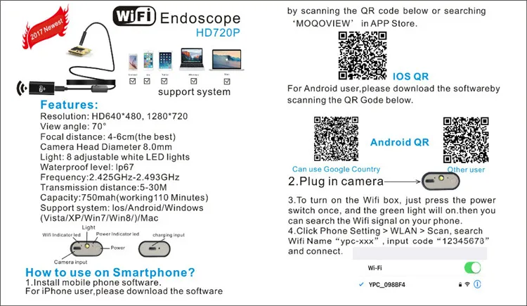 YPC99 New 5M HD 720P WIFI Industrial Video Camera Endoscope for IOS / Android / Windows