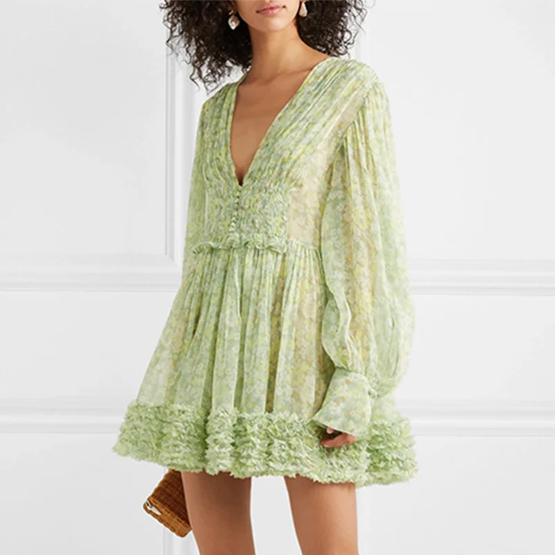 2019 Runway ladies high quality casual chiffon printed dress women sexy V neck collar long sleeve floral dress