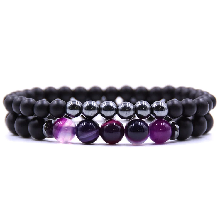 

Hot 2pcs/Set Agate Bead Bracelet Black Lava Beads Bracelet Set for Men Women Wholesale (KB8036), As picture