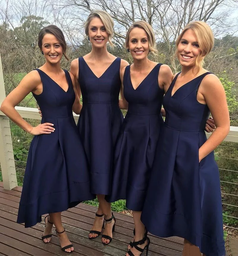 

DB010 Navy Blue Short Bridesmaid Dresses 2022 Simple Satin A Line Tea Length Cheap Women Wedding Party Gowns High Quality