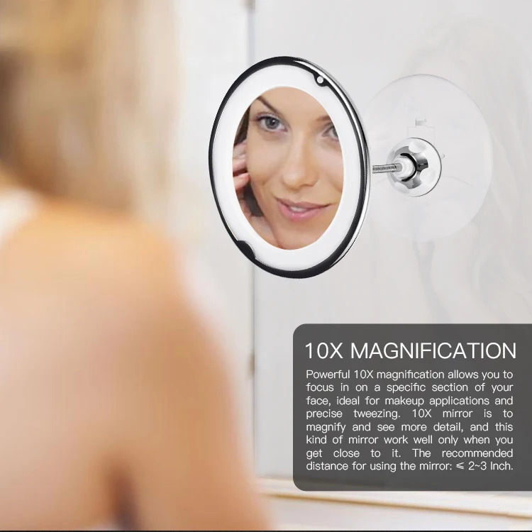 
flexible neck electric led metal 10x magnifi lighted bathroom round makeup mirror with led light 