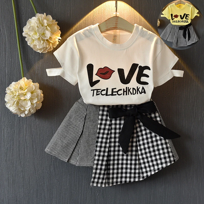 

Girl clothing set kids clothes suit children print O-neck T - shirt short skirt kids fashion toddler girls summer clothing set, White and yellow