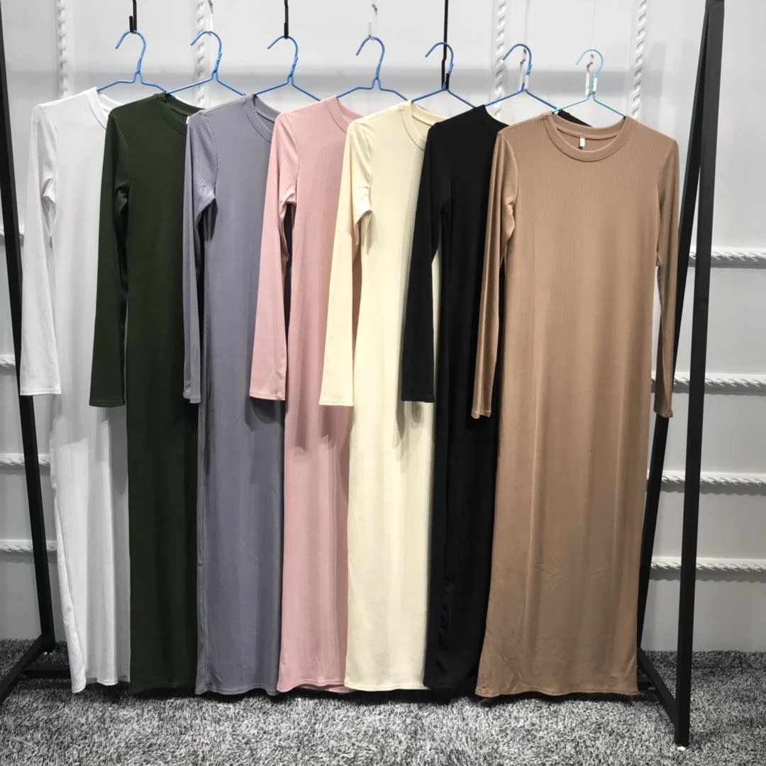 

Hot sale muslim women long sleeve maxi inner wear long casual dress, Black,white,green,gray, pink,apricot,light brown, dark brown