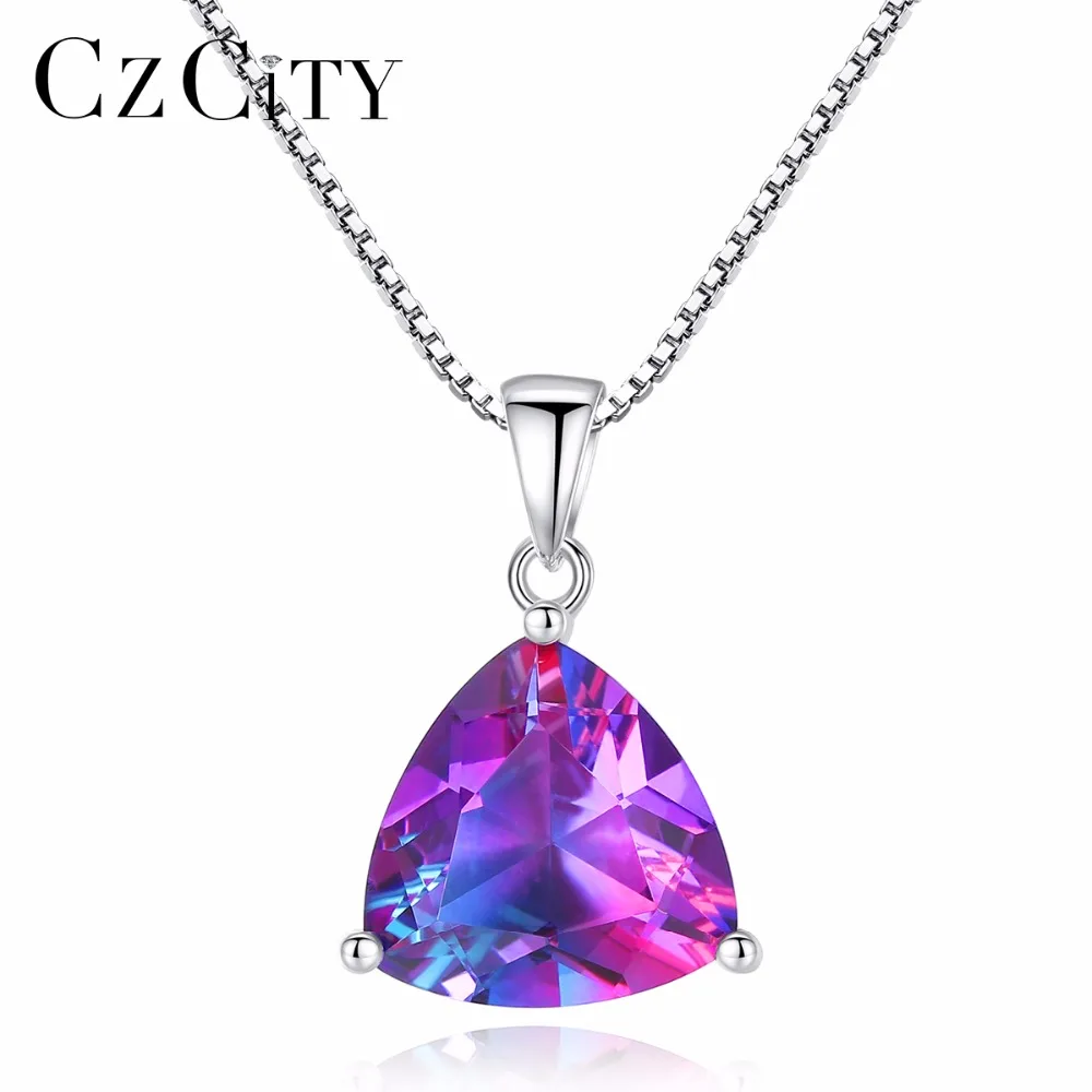 

CZCITY Triangle 5.7ct Genuine Rainbow Topaz Necklaces Pendant 925 Sterling Silver 40cm Box Chain For Women