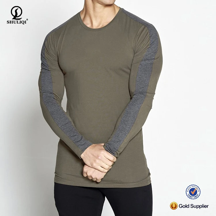 

Fashion style color block long sleeve patchwork slim fit long sleeve fitness skin tight t shirts for men, Black & white & heather grey