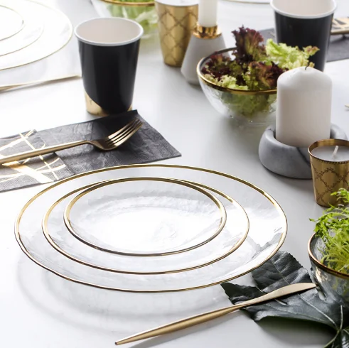 European Style Black Ceramic Dinner Plate Gold Rim 8" 10" Nordic Plates Steak Plate