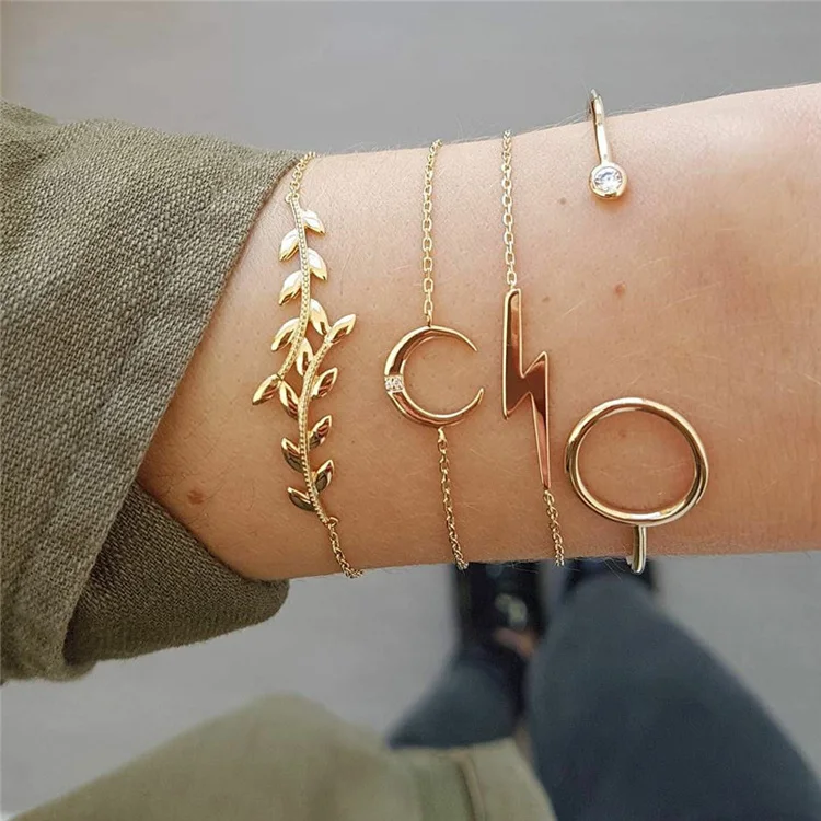 

Fashion Boho 5 Pcs/ Set Vintage Leaf Cross Moon Rhinestone Round Crystal Geometry Gold Cuff Bangles Bracelet Set For Women Gifts