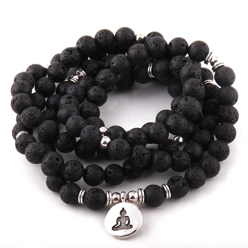 

Wholesale Women 8mm lava Bead with OM,buddha,Loctus Charm bracelet Men OM Bracelet double use 108pc Mala necklace, Black