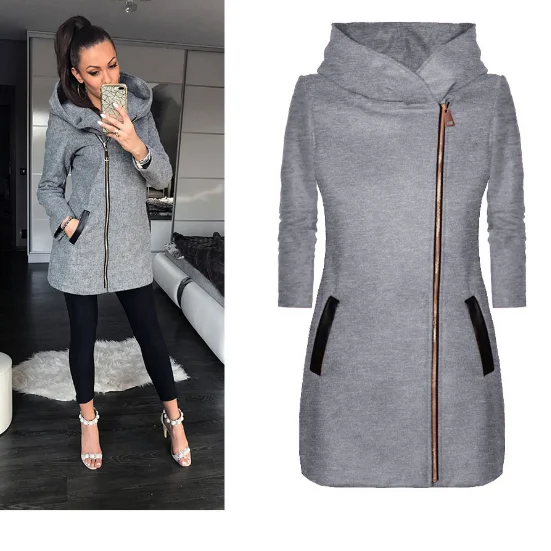 

Winter women's high collar hooded colorblock zipper long sleeve coat jacket