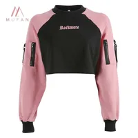 

Wholesale Sexy Pink Black Patchwork Punk Long Sleeve Women Crop Hoodies