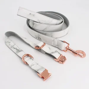 Image of Marble Dog Collar Leash Personalized Faux Leather Dog Collar with rose metal buckle