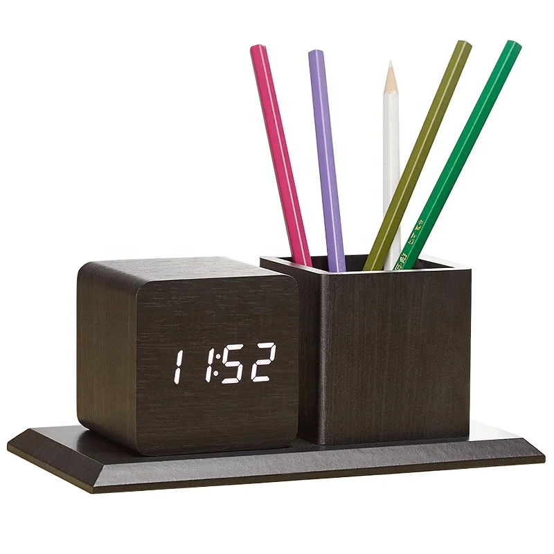 

KH-WC009 Manufacturer Custom Decor Square Stand Kid Desk Table Wood Digital Led Alarm Clock With Pen Holder, Black