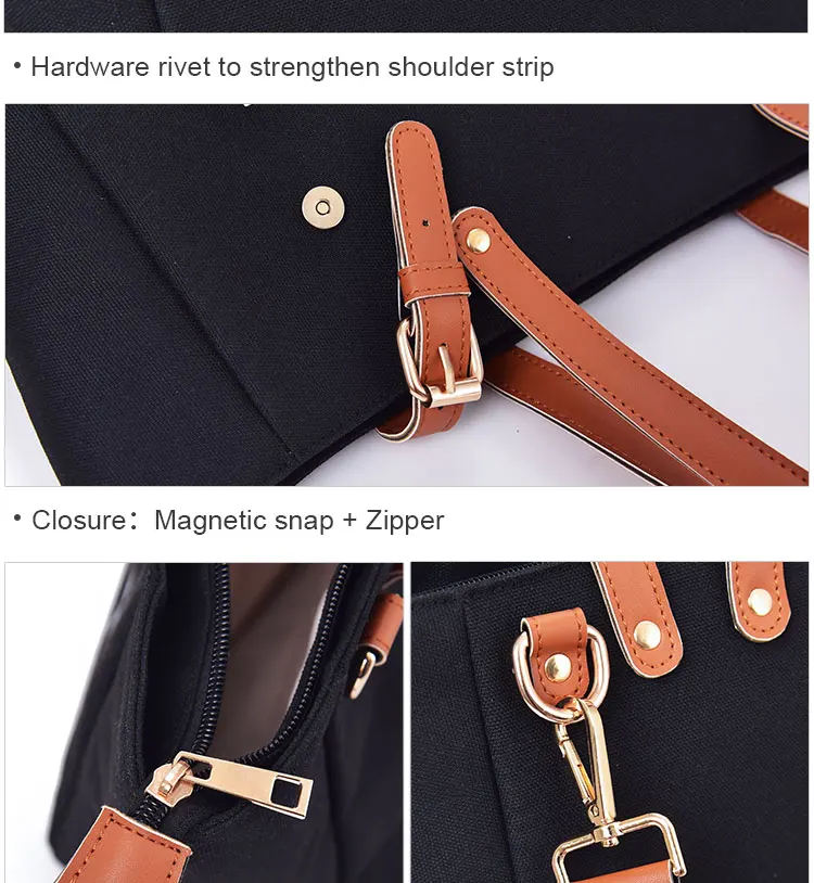 Wholesale fashion casual leather strap tote bag Custom Cotton canvas black handbags for women