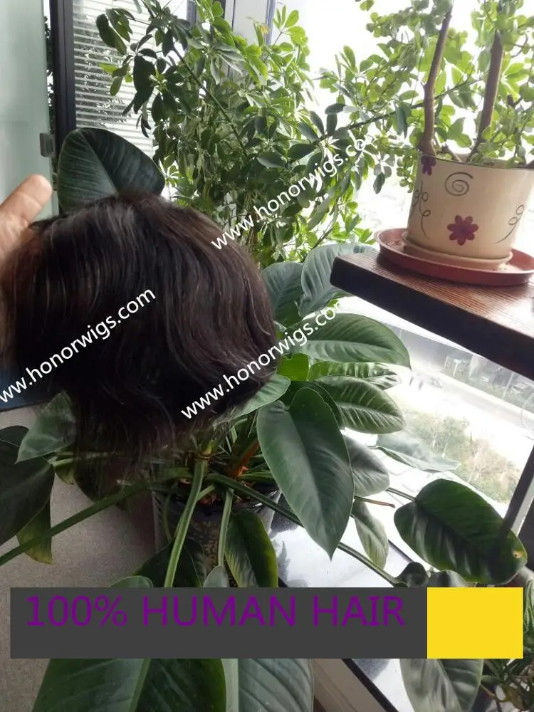 
HT427 human hair 6x8 inch Toupee #1B+5% offwhite color synthetic hair 6inches length 120% density natural wave right part wig 