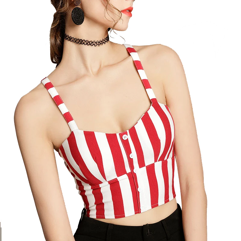 

Wholesale In Stock Latest Design Fashion Women Single Breasted Striped Crop Top