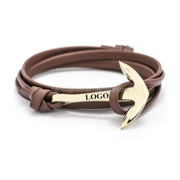 

Fashion Custom Logo Jewelry Navy Leather Rope Bracelet Stainless Steel Mens Bracelet