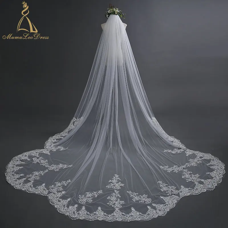 

Soft Tulle Cathedral Lace Appliqued Trimed Scalloped Bridal Veils 3M 4M 5M