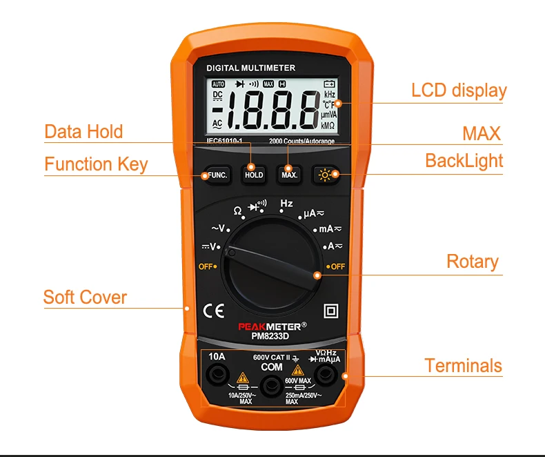 1000V Digital Multimeter DC AC Auto Range DMM Temperature Current Meter 