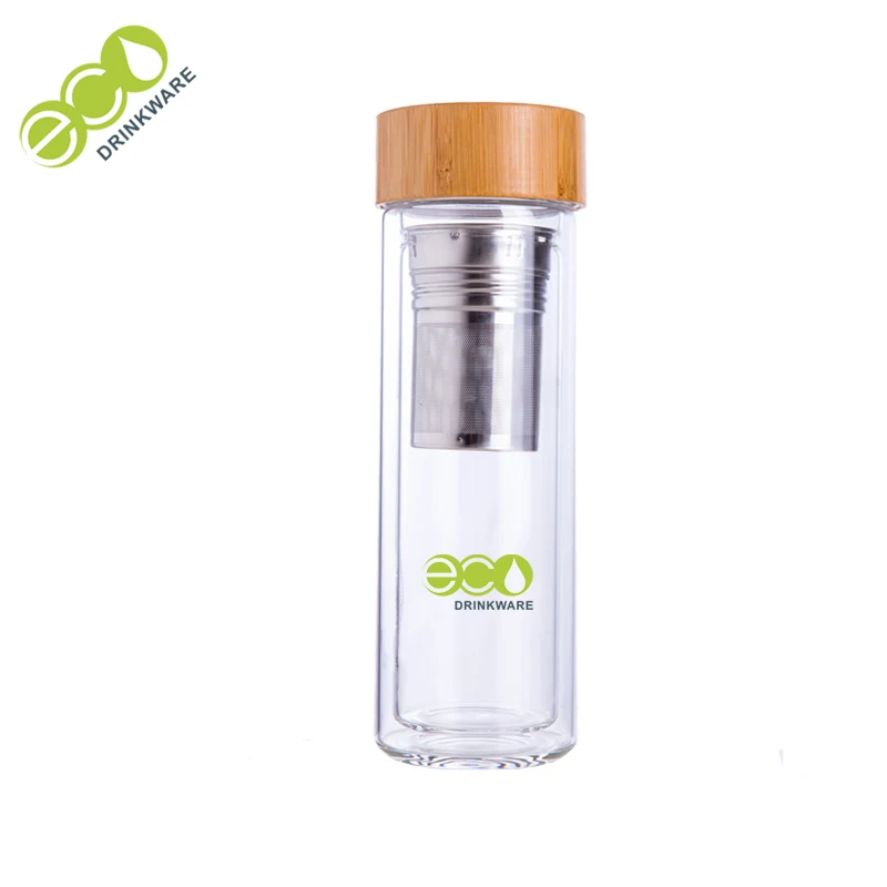 

No minimum 450ml New gym product BPA free double wall glass water bottle with wood lid/wooden cap