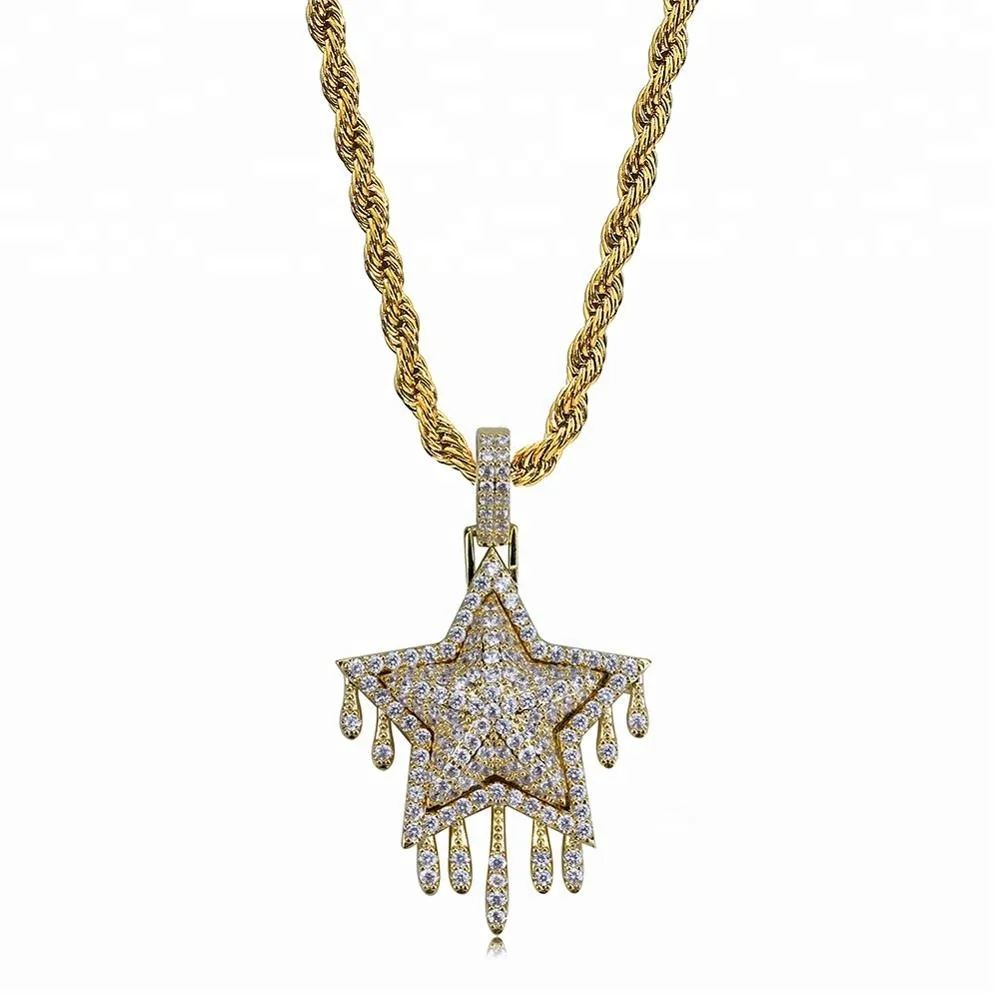 

Hip Hop Jewelry Gold Silver Micro Inlay Powder Zirconium Ice Cream Fringed Star Pendant Necklace