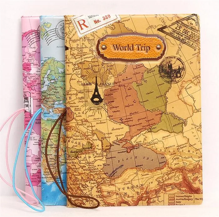 

Fashion journey 3D synthetic leather travel world map passport cover holder with elastic band, Brown, pink, sky blue