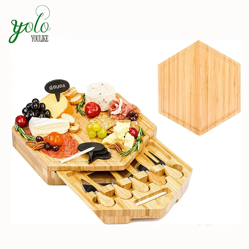 
Complete Bamboo Cheese Board Serving Set with 5 Knives and Cheese Markers and Chalk  (60767105458)