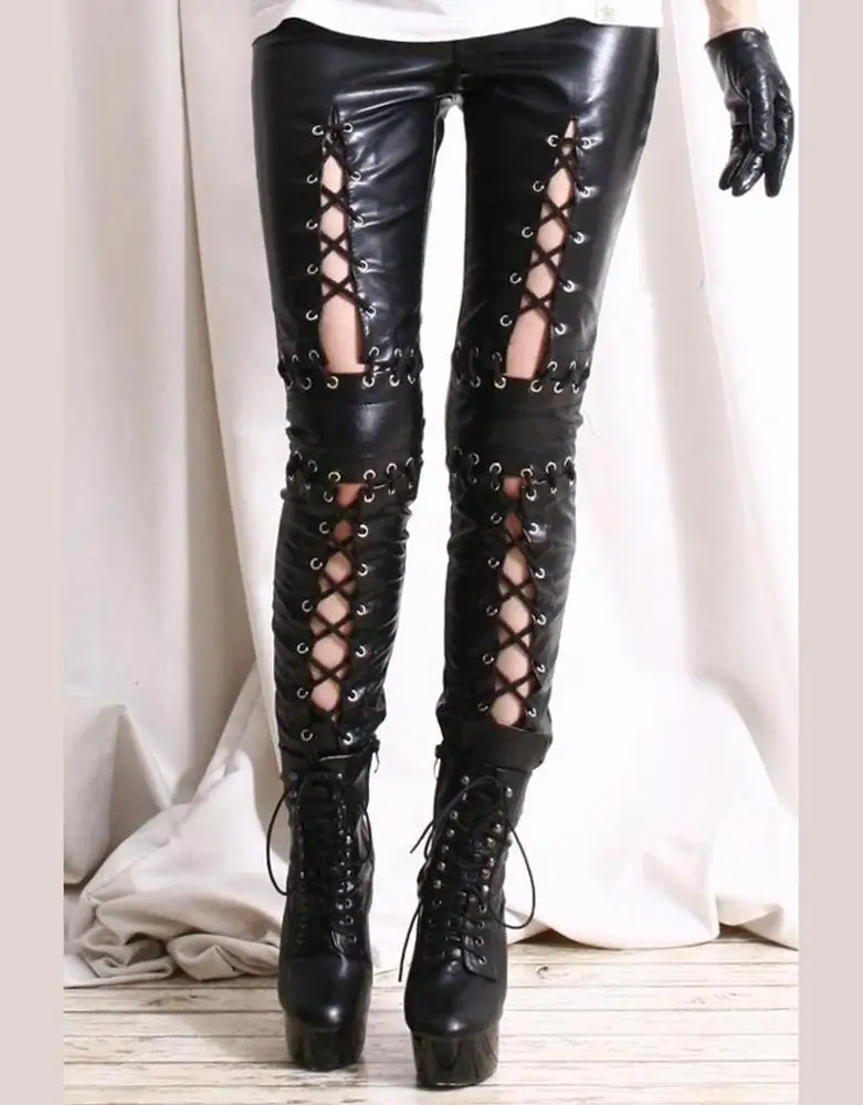 

Black Pants waterproof pants leather pants for women Split Front Cut Out Holes Pantalon Femme