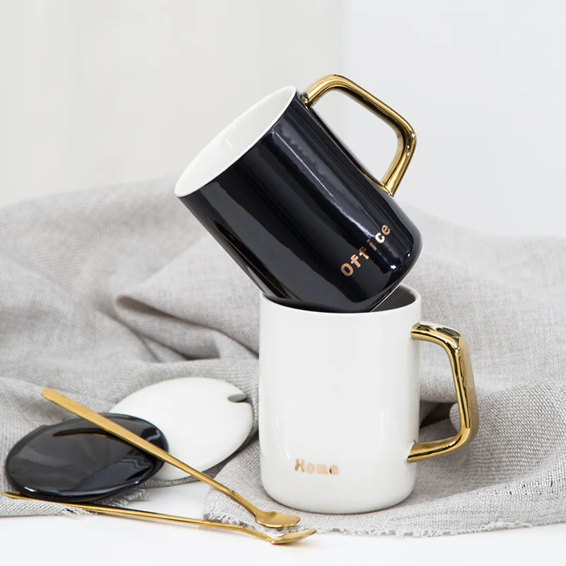 

Custom logo gold handle mug/Ceramic coffee mug with gold spoon, White;black