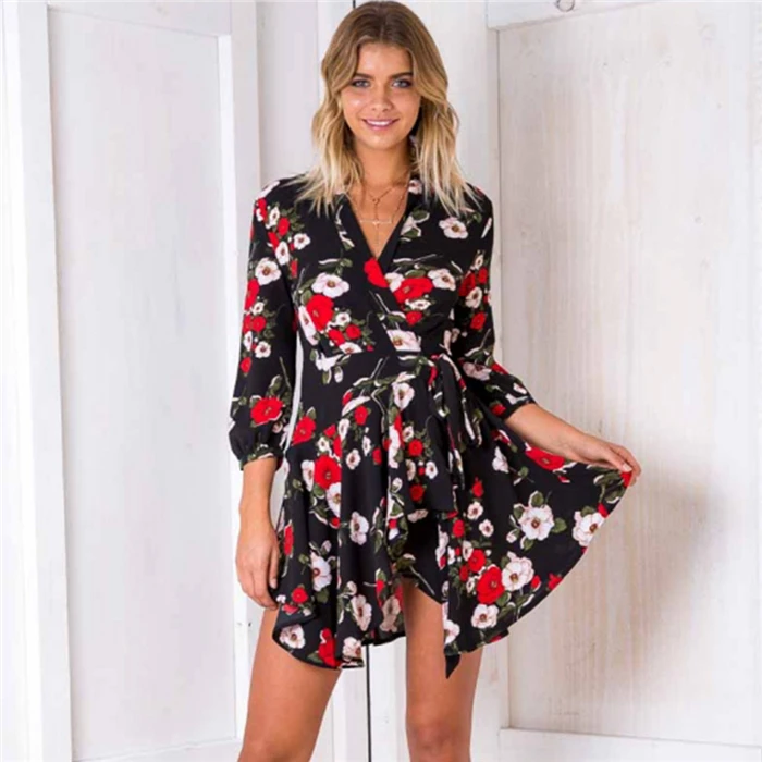 

2019 Wholesale The Latest Lady Sexy V Neck Flower Dress Printed Women Dresses ropa de mujer