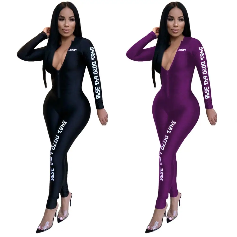 

Long Sleeve Long Pants Women Jumpsuits 2019 New Fashion Sexy Bodycon Jumpsuit Black Purple Solid Colors Rompers