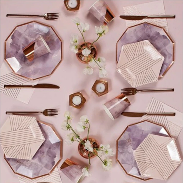 

Printed Rose Gold Coloured Charger Plate Set Wholesale with Plate, Cup and Napkins