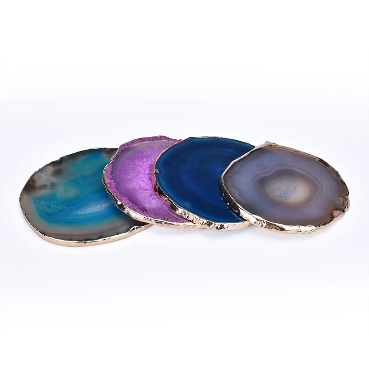 Natural polished crystal stone agate coaster round agate slices with gold rim for Coffee house