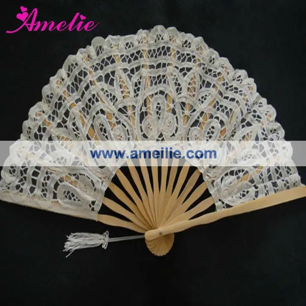 A-Fan(27cm) Stock Market Wholesale Cotton Ivory White Color Vintage Wedding Hand Fan