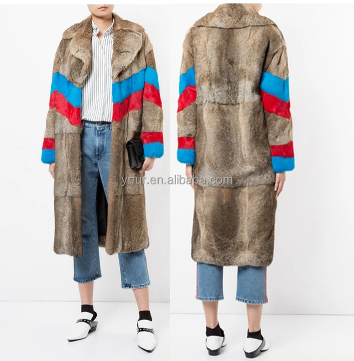 

YR1018 Elegant Women Wear Zigzag Design Long Rabbit Natural Fur Slim Coat