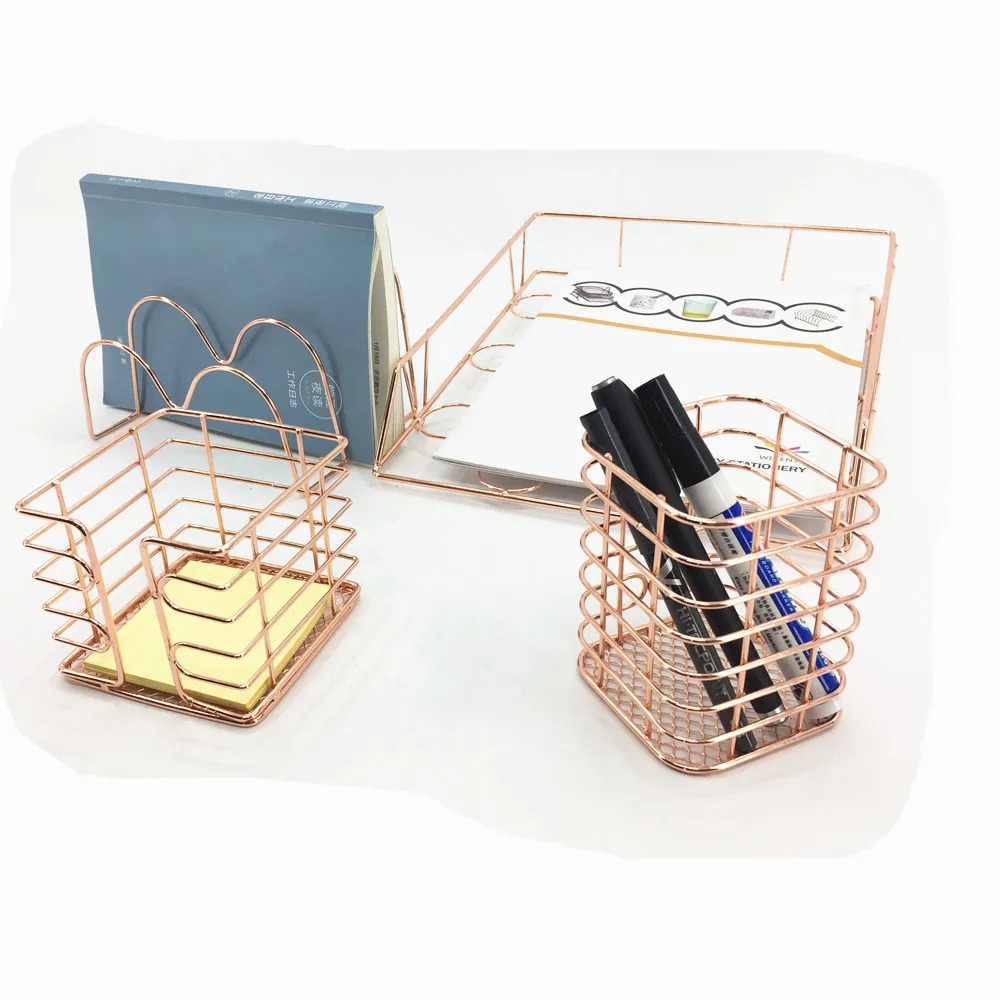 
Amazon hot sale Wideny chromed plate school storage organizer stationery 4pcs rose gold metal wire office desk set 