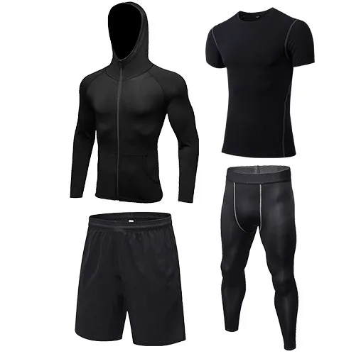 

WY 2019 New 4PCS PACK Men's Autumn Running Sportswear Quick-drying T-shirt Zipper Hooded Jacket Loose Shorts Tight Trousers