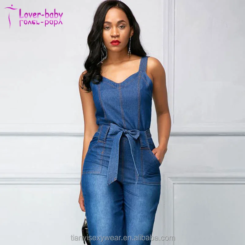 

High Quality Sexy Wide Straps Denim Jumpsuit With Belt Jean Jumpsuit For Women, N/a