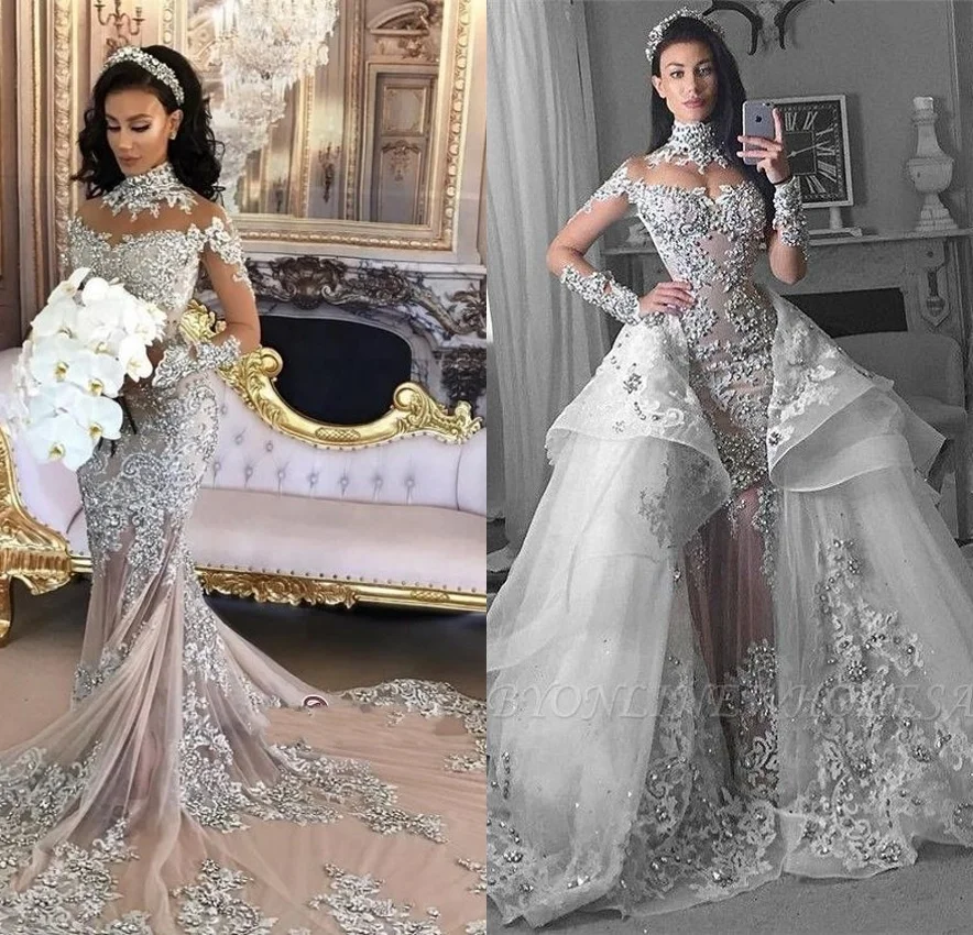 

L1264 Crystal Lace Wedding Dress Bridal Gown Long-Sleeve Beaded Mermaid Wedding Dresses