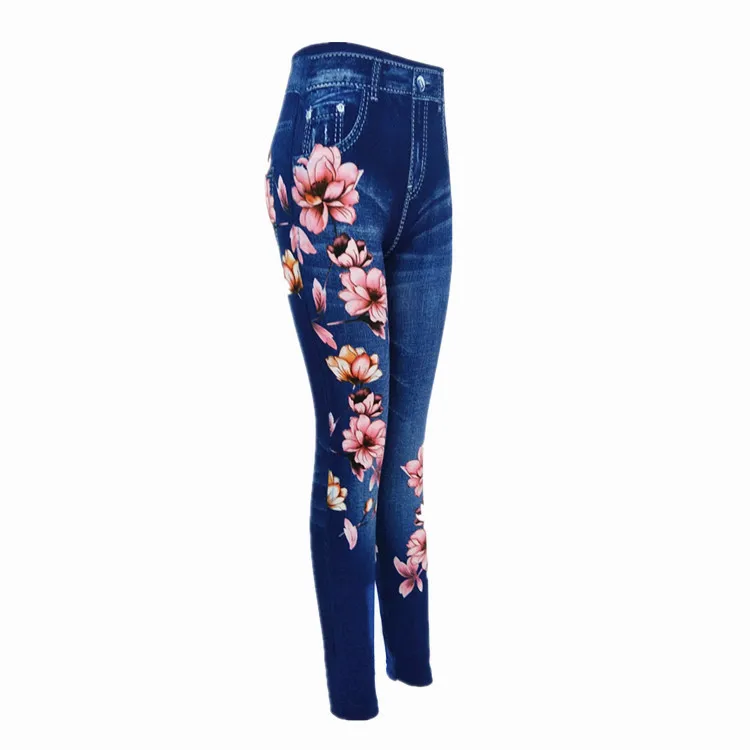 
Womens seamless print flowers sliming jeans legging jegging high elastic denim jean pants 