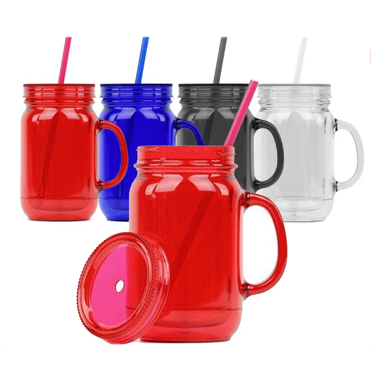 Custom Color Double Wall Plastic Juice Mason Jars With Handles And Straw Lids Wholesale Buy