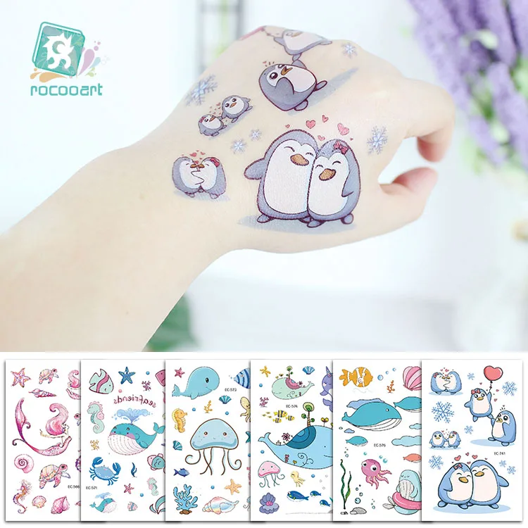 

New Arrival Customs Cartoon Ocean Series Temporary Tattoo With Whales Penguin Designs For Kids Children, Black,darkcyan