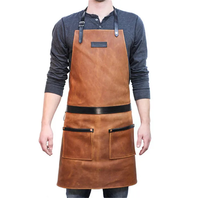 
China Wholesale High Quality Eco Friendly Material Brown Adjustable Kitchen Leather Apron With Pockets 