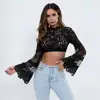 Wholesale Fashion New Design Summer Lace Patchwork See Through Crop Flare Long Sleeve Sexy Transparent T Shirt for Women