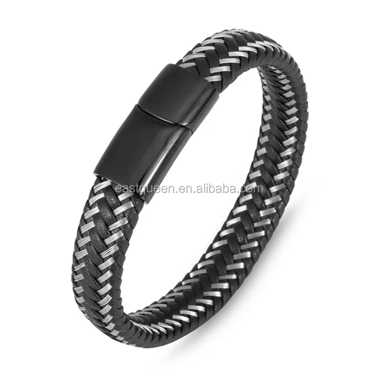 

EAST QUEEN High Quality Mens Bangle 316L Stainless Steel Wire Clasp Leather Bracelets, Silver