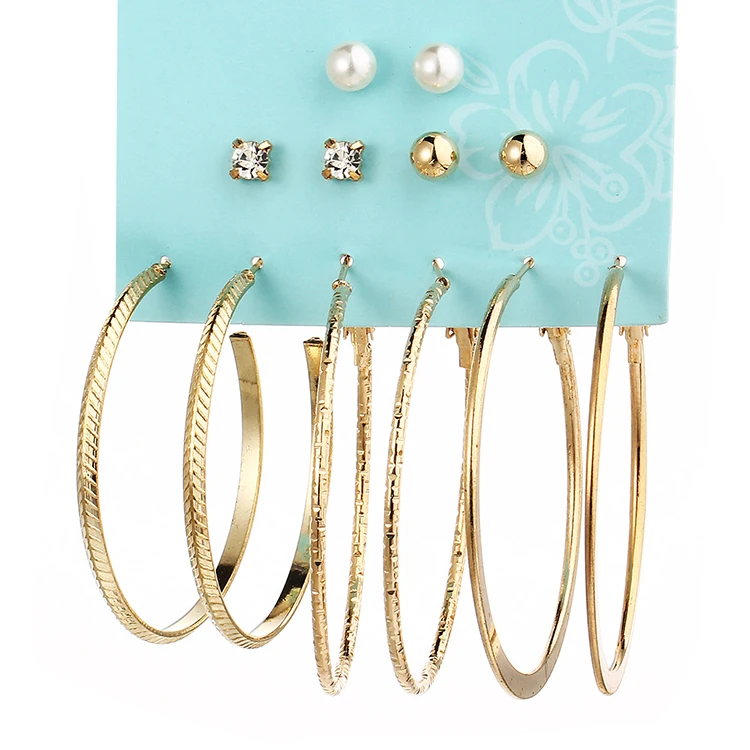 

6 Pairs/Set Fashion Gold Hoop Earrings Women Punk Pearl Crystal Studs Earring Set For Party Jewelry (KES034, Same as the picture