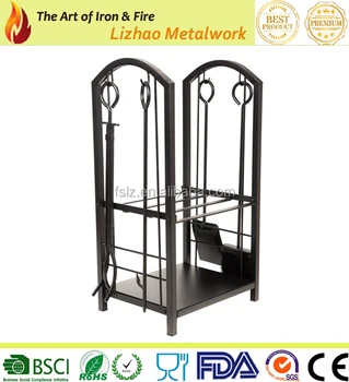 Lizh Metalwork Wrought Iron Log Rack With Fireplace Tools Black