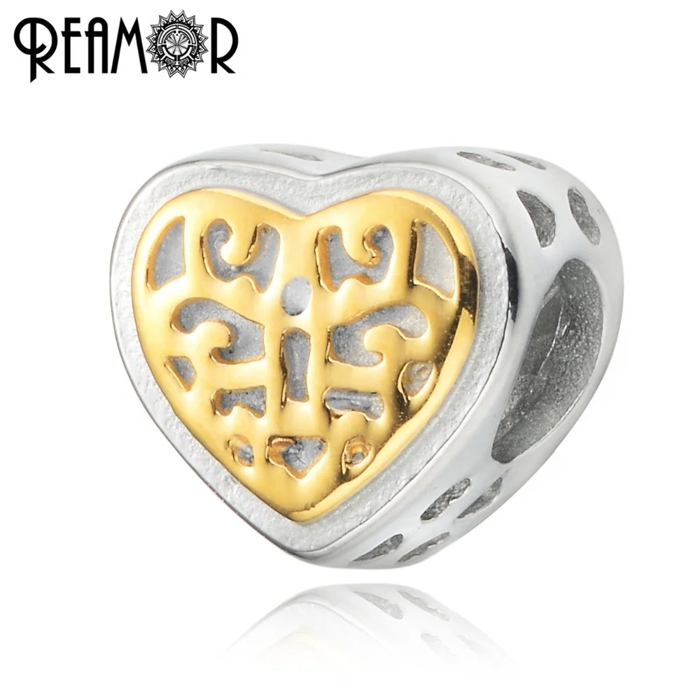 

REAMOR Plating Gold Stainless steel Hollow Love Heart Beads big Hole DIY Metal Beads For Bracelets Bangle Women Jewelry Making