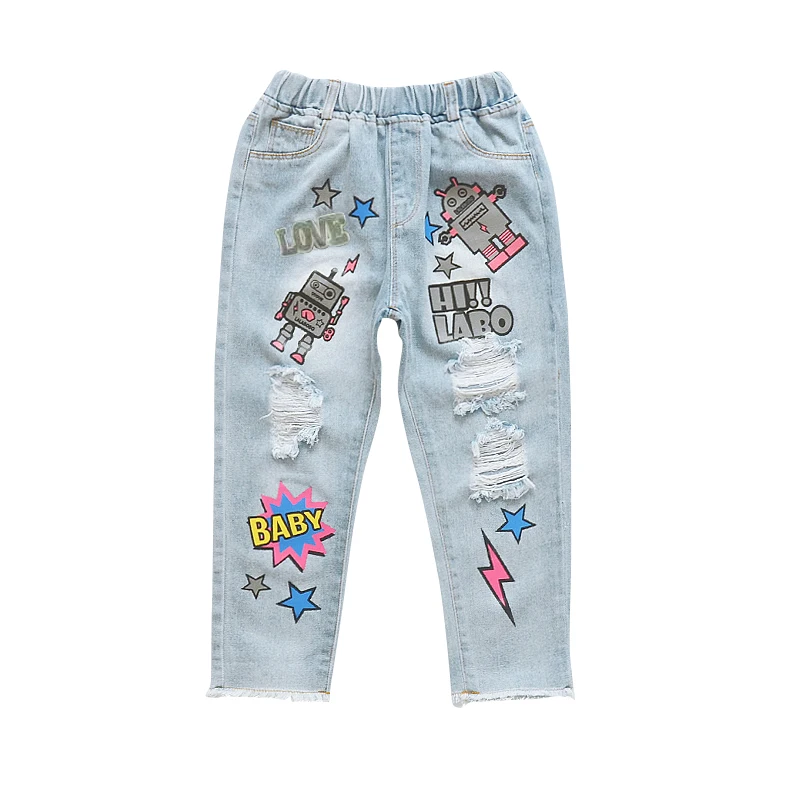 
Hot Sale Girls Spring Fashionable Cartoon Printed Kids Loose Elastic Waist Jeans Pants 