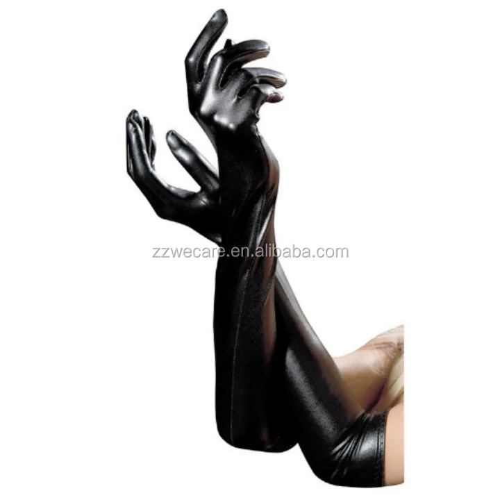 Women Black White Sexy Long Faux Leather Fashion Gloves For Clubwear