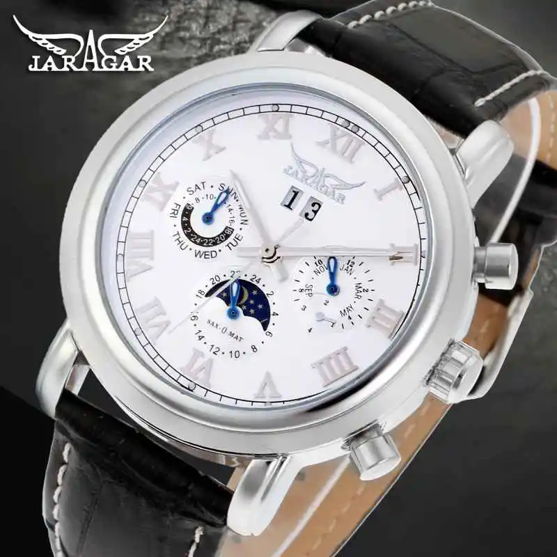 

Jaragar Watches Men Business Automatic Self Wind Multifunction Date Week Month Genuine Leather Luxury Brand Mechanical Watch Hot